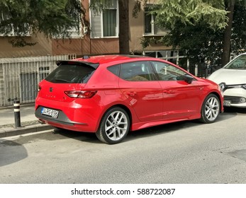 ISTANBUL,TURKEY-FEBRUARY 27,2017:Red Seat Car Parking In The Street.