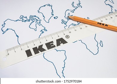 Istanbul,turkey-june 10,2020. Ikea Tape Measure And Pencil On World Map