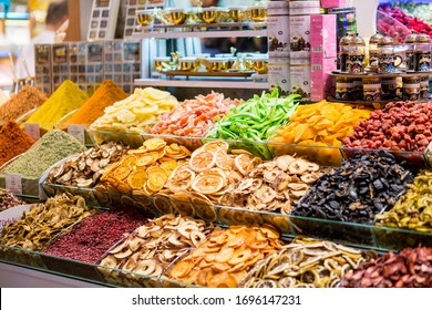 ISTANBUL,TURKEY,MAY 20, 2018:  Counter with various dried fruits on the Grand Bazaar