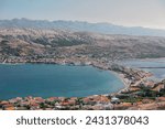 isthmus between the seas, view from above, city with red roofs, Croatia, island of Pag