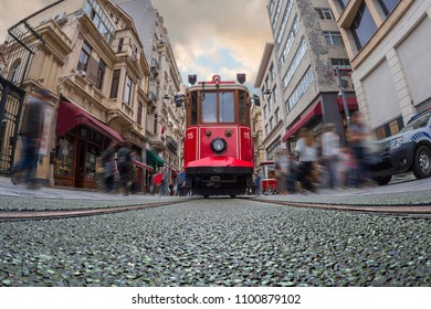 Istiklal Avenue View With Crowd Of People Shot Via Fish Eye Lens