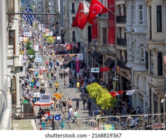 Istiklal Street High Angle View, People Walking On The Street In Summer Day. Turkey Istanbul Beyoglu 28 May 2022