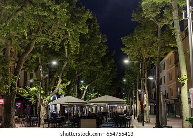 ISTR, FRANCE - MAY 31 2017. Allée Jean Jaurès At Night. Cafe On The Square.