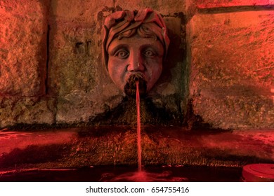 ISTR, FRANCE - MAY 31 2017. Allée Jean Jaurès At Night. A Fountain Of Drinking Water.