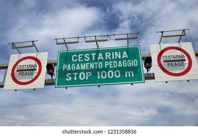 Istria, Croatia. August 2018. In View Of The Motorway Toll Booth, The Signage Warns Us Of The Payment Fee.