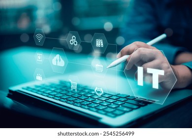 IT. Information technology concept.IT consultant presenting tag cloud about information technology.Data Center, Rack Server Cabinet with Cloud Server Icon and Visualisation.