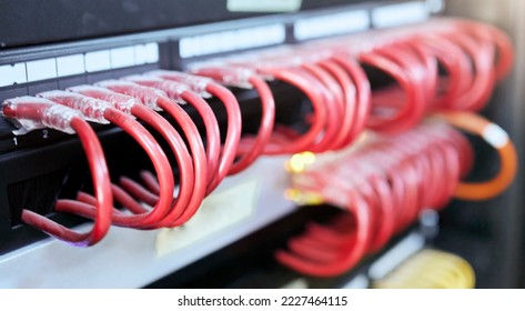 IT, server and cables for cyber security, internet safety and information technology in business. Cybersecurity, server room and data center with connection for digital security in zoom closeup
