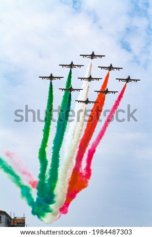 Italian aerobatic display team (frecce tricolori) flying during an exhibition