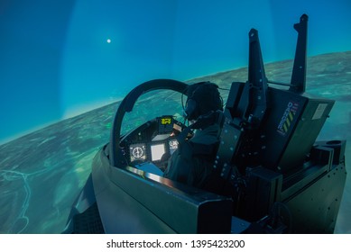 Italian Air Force's Pilot During Training Session  With The Modern T-346's Flight Simulator At Lecce Galatina Air Base.