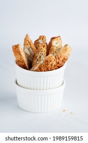 Italian Almond Biscotti Cantucci Biscuits, italian dessert cookies close up, selective focus, space for text. Homemade bakery confectionery concept.