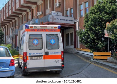 Italian Ambulance Parked In Front Of The Emergency Room In The Hospital In Puglia, Italy - 08/07/2016