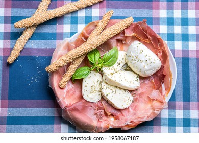 Italian Appetizer Mozzarella Cheese Parma Dry Cured Ham And Basil View From Top Flat Lay Overhead