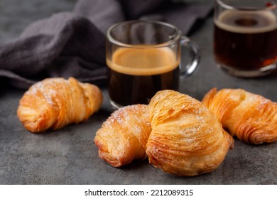 Italian Breakfast With Coffee. CaffÃ¨ Espresso And Neapolitan Shell-shaped Pastry Sfogliatelle Riccia Stuffed With Ricotta, Almond Paste And Candied Peel Of Citron. Or Lobster Tail. Grey Background.