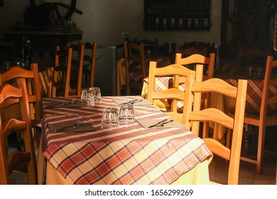 Italian Cafe Interior. Checkered Tablecloth