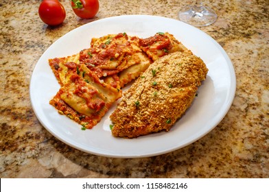 Italian Cheese Ravioli With Oven Roasted Breaded And Herbed Chicken Breast Cutlet