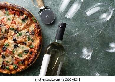 Italian Cheese And Tomato Pizza With Wine, Top View, Empty Wine Glasses, Italian Pizzeria