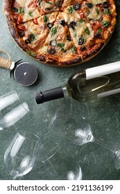 Italian Cheese And Tomato Pizza With Wine, Top View, Empty Wine Glasses, Italian Pizzeria