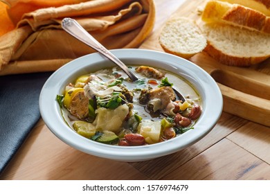 Italian Chicken Sausage Minestrone Soup Au Pistou Topped With Basil Pesto And Grated Parmesan Cheese