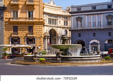 Italian City Naples, Street And Historic Architecture, Fountain