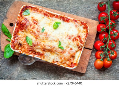 Italian classic dish lasagna with tomato sause and chicken 