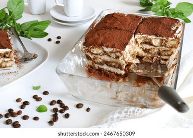 Italian Coffee Tiramisu. Classic coffee tiramisu with ladyfingers and mascarpone cream on white background. Italian dessert.