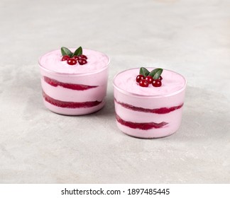 Italian Dessert Berry Tiramisu In A Glass Cup On A Light Gray Background