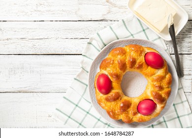 Italian Easter Bread. Red Eggs. Delicious Easter Cake. Italy. View From Above. Place For Text