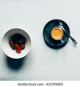 Italian Espresso Coffee And Dates For Breakfast,overhead Sight