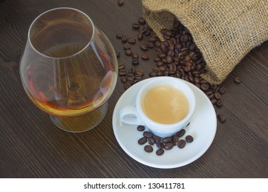 Italian Espresso and Cognac on Wooden Table