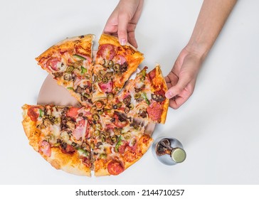 Italian Fast Food. Delicious Hot Pizza, Close Up View. Menu Photo. Top View With Copy Space. Flat Lay