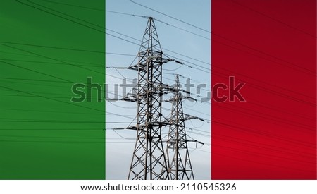 Italian flag with electric tower and lines. Energy supply in Italy. High electricity and energy market prices. 
