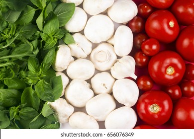 Italian Flag From Italian Food Ingredients: Basil, Mushrooms, Garlic, Tomato.