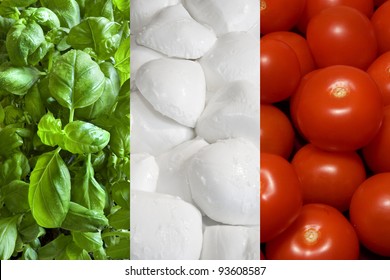 Italian flag made off basil, mozzarella and tomatoes - Shutterstock ID 93608587