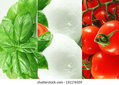 Italian flag made with Tomato Mozzarella and Basil, Symbols of Italian cuisine