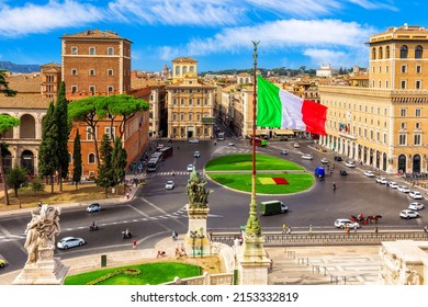 Italian flag on Venice Square or Piazza Venezia, Rome, Italy