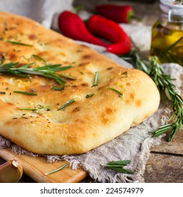 Italian Focaccia Bread With Rosemary And Garlic, Selective Focus, Square Image