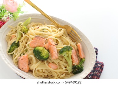 Italian Food, Broccoli And Salmon Fish Linguine Pasta