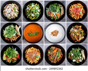 Italian Food Collage With Pasta, Salads And Soups. Top View