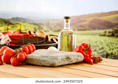 Italian food concept and table background with Tuscany mountainous field in distance. Copy space for products. - Powered by Shutterstock