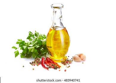 Italian Food & Drink Healthy Diet Concept: Mediterranean Spice, Vegetable, Herbs & Healthy Cuisine. Olive Oil Pepper, Garlic, Parsley. Isolated On White.