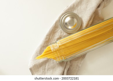 Italian food ingredient, spaghetti in jar for storage kitchen utensil