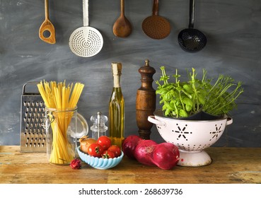 Italian Food Ingredients, Spaghetti,tomatoes, Herbs, Kitchen Utensils