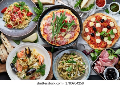 Italian Food  On Dark Background With Pasta, Pizza, Top View, 