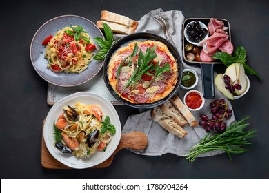 Italian Food  On Dark Background With Pasta, Pizza, Top View, 