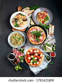 Italian Food  On Dark Background With Pasta, Pizza, Top View, 