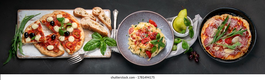 Italian Food  On Dark Background With Pasta, Pizza, Top View, Panorama, Banner