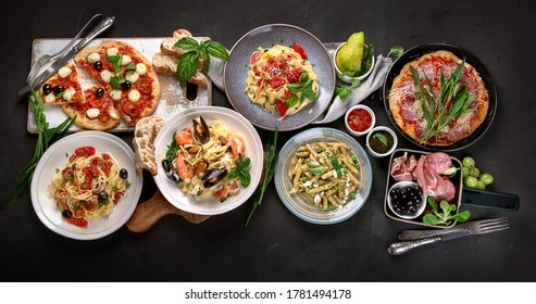 Italian Food  On Dark Background With Pasta, Pizza, Top View, 