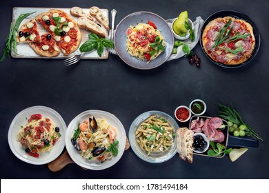 Italian Food  On Dark Background With Pasta, Pizza, Top View, Copy Space