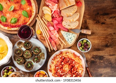 Italian Food, Overhead Flat Lay Shot With A Place For Text