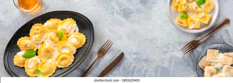 Italian Food Panorama. Round And Square Ravioli, Overhead Flat Lay Shot With Copy Space